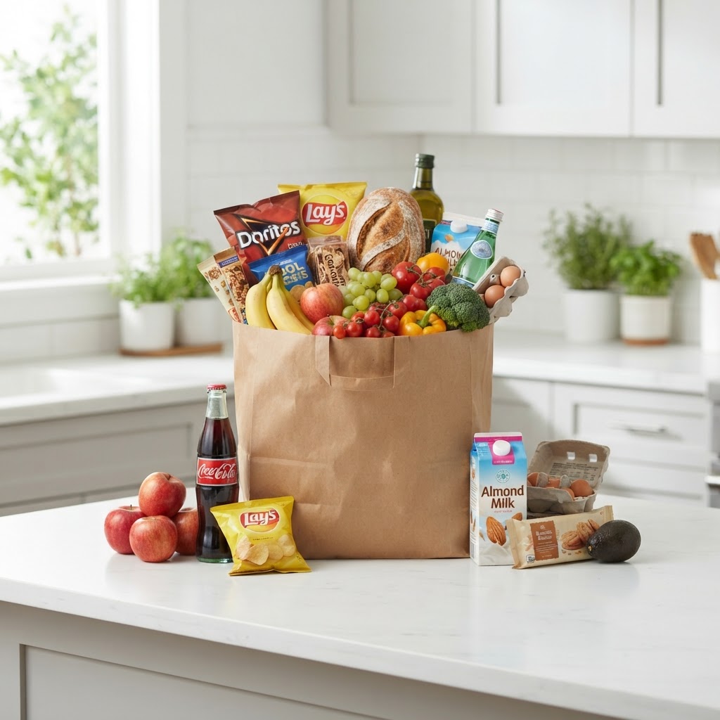 Grocery bag full of snacks, drinks, produce and household essentials