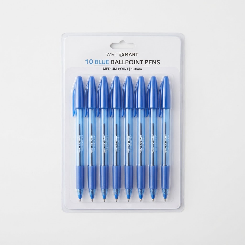Ballpoint Pens, Medium Point, Blue, 10-Pack