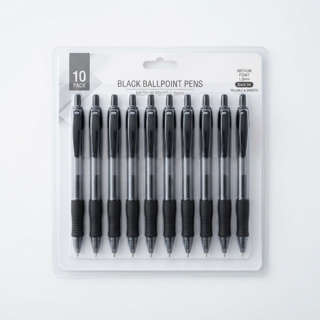 Ballpoint Pens, Medium Point, Black, 10-Pack