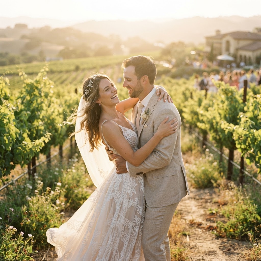 A couple embracing and laughing together at golden hour