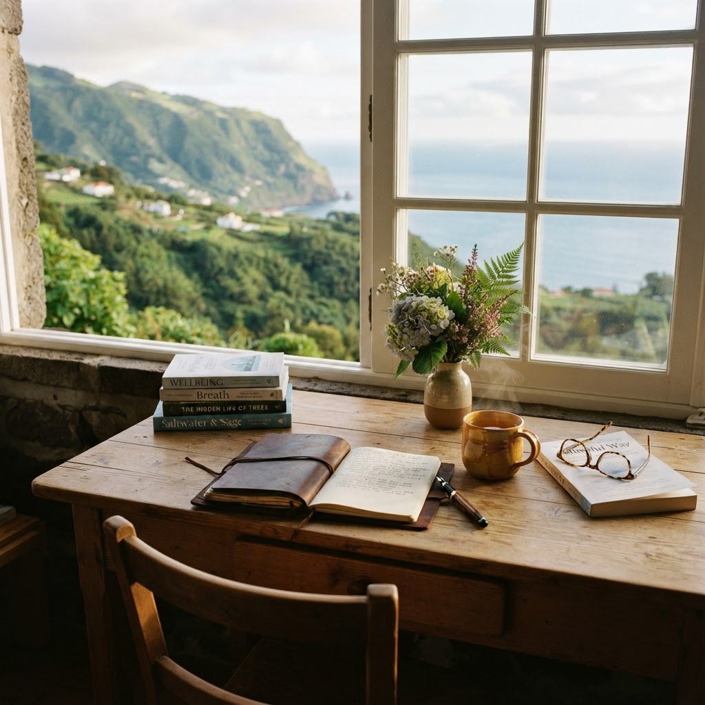 Escrivaninha de madeira junto a uma janela com vista para o oceano