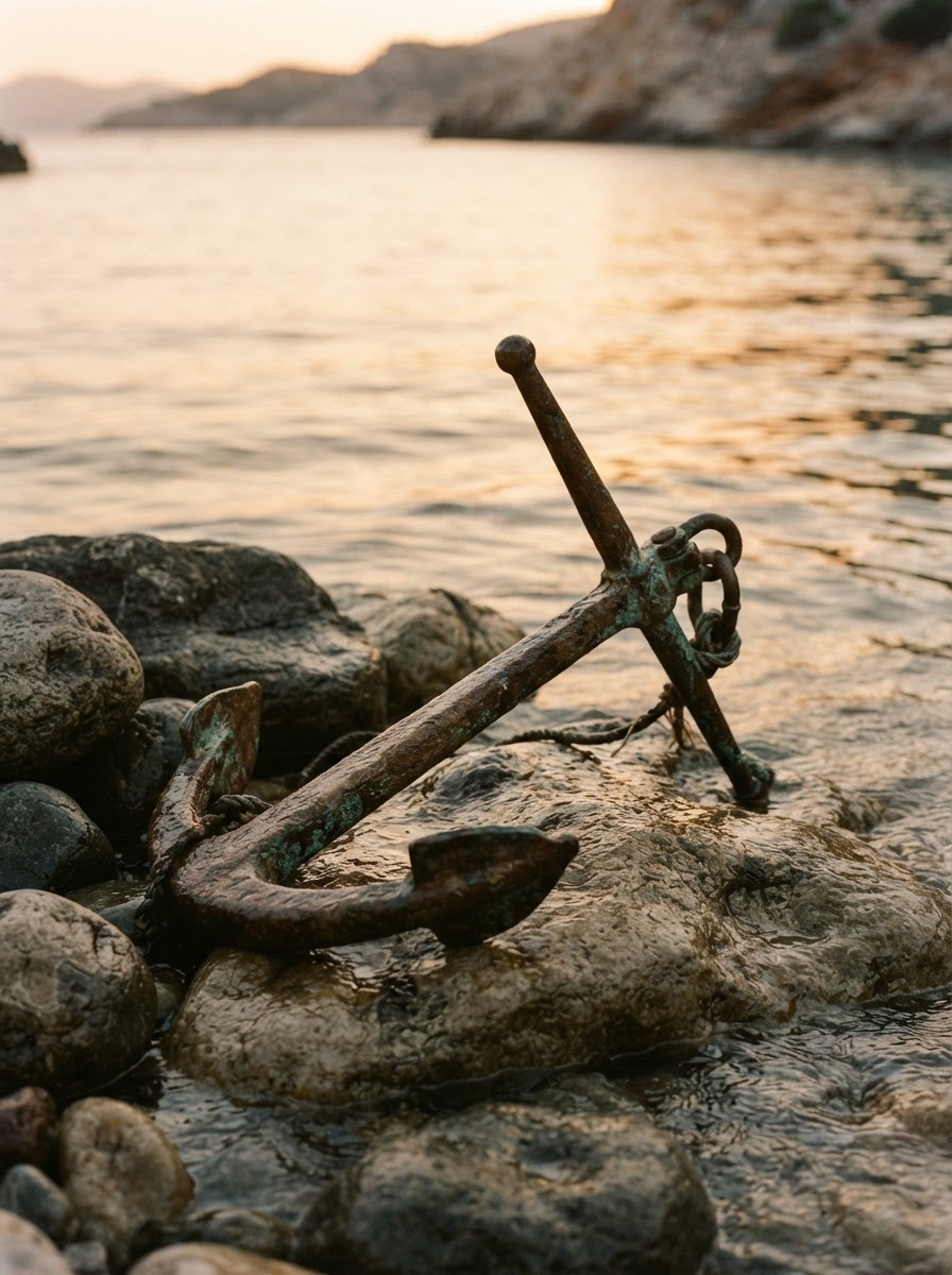 A bronze anchor resting on weathered stone near calm water, symbolizing security and peace of mind