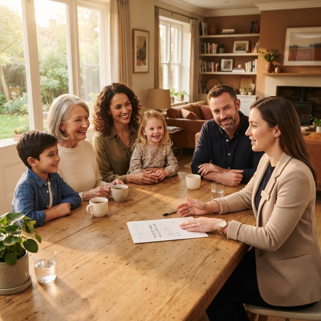 A diverse multi-generational family and a trusted insurance advisor sharing a warm, confident moment together after reviewing a protection plan in a bright, comfortable sunlit home