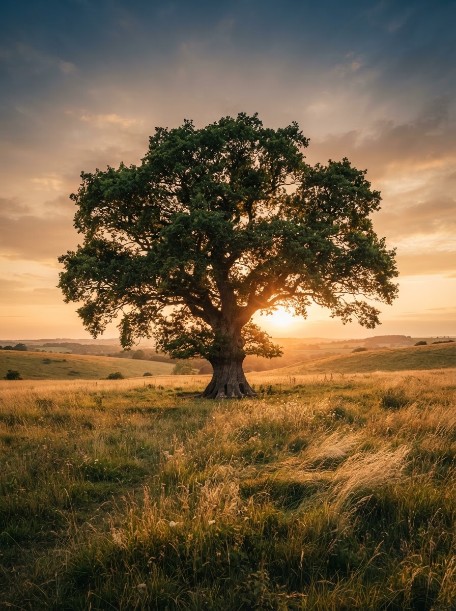 A majestic oak tree standing in a golden meadow at sunset, symbolizing permanence and growth