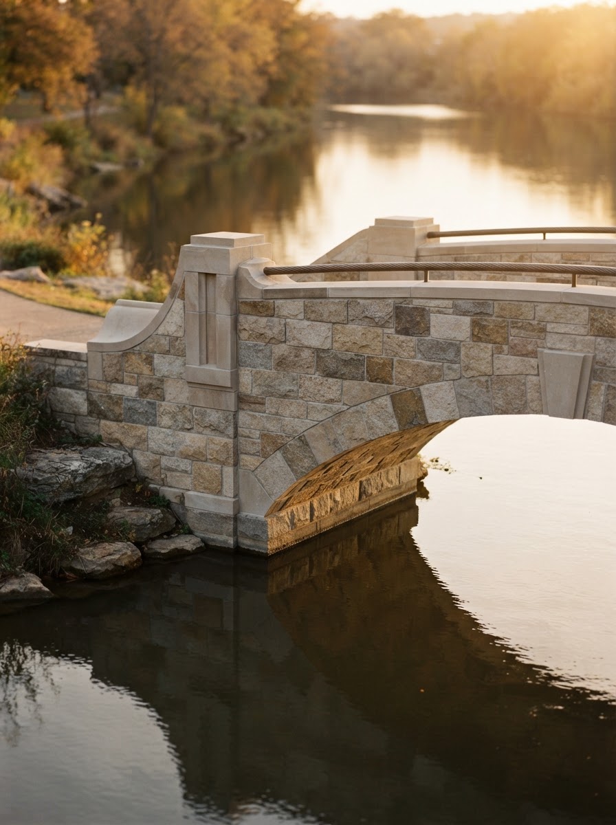A stone bridge spanning a calm river at golden hour, symbolizing temporary but essential connection