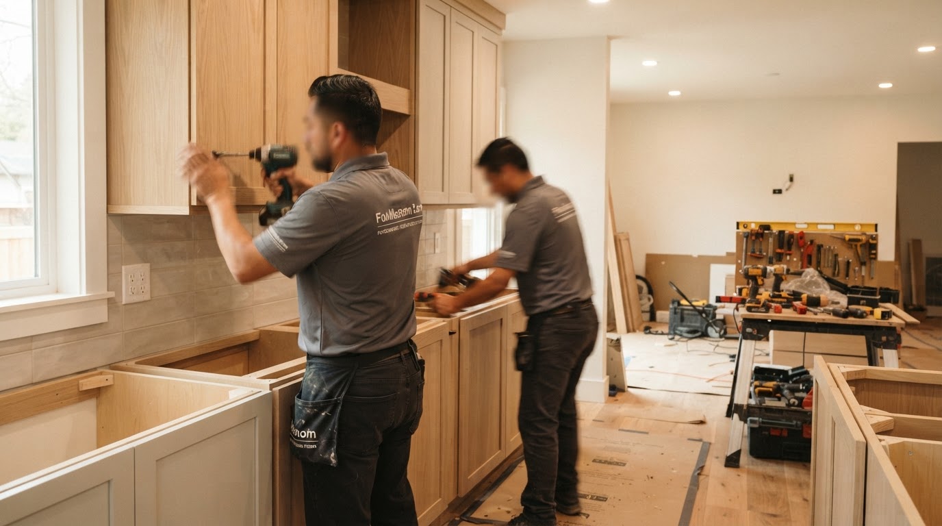 Renovation team installing custom cabinetry with precision in a bright kitchen space