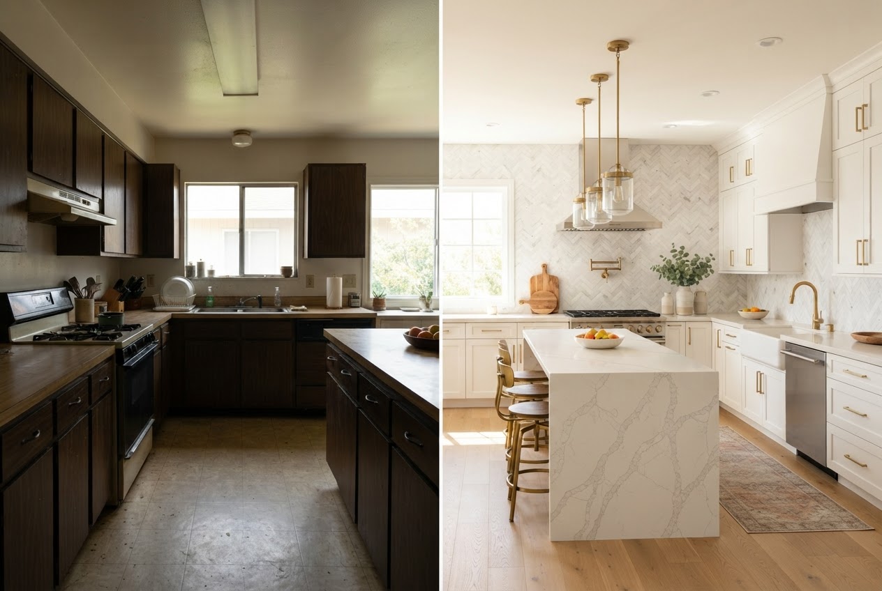 Modern kitchen with island seating and stone surfaces
