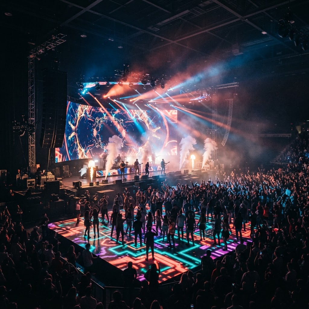 Live event with LED wall, dance floor, and concert sound