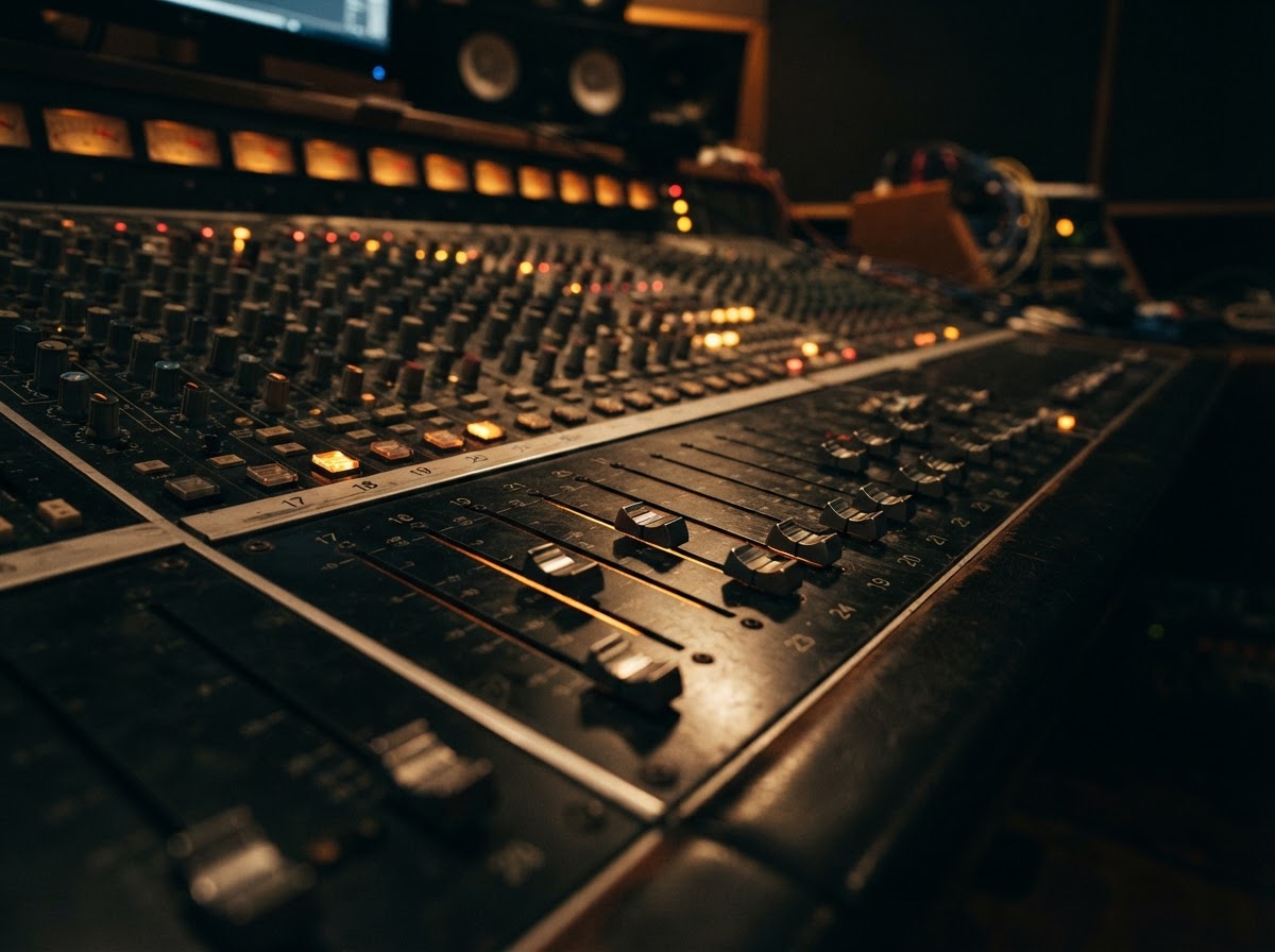 Mixing console faders in dramatic studio lighting