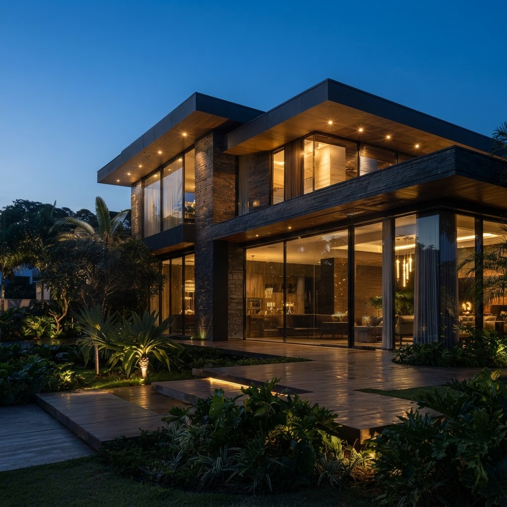 Residência contemporânea de alto padrão iluminada à noite