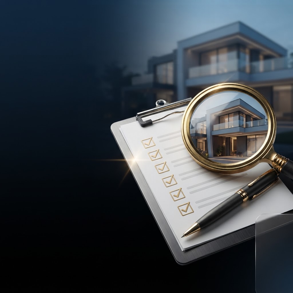 Prancheta de vistoria, lupa e imóvel moderno