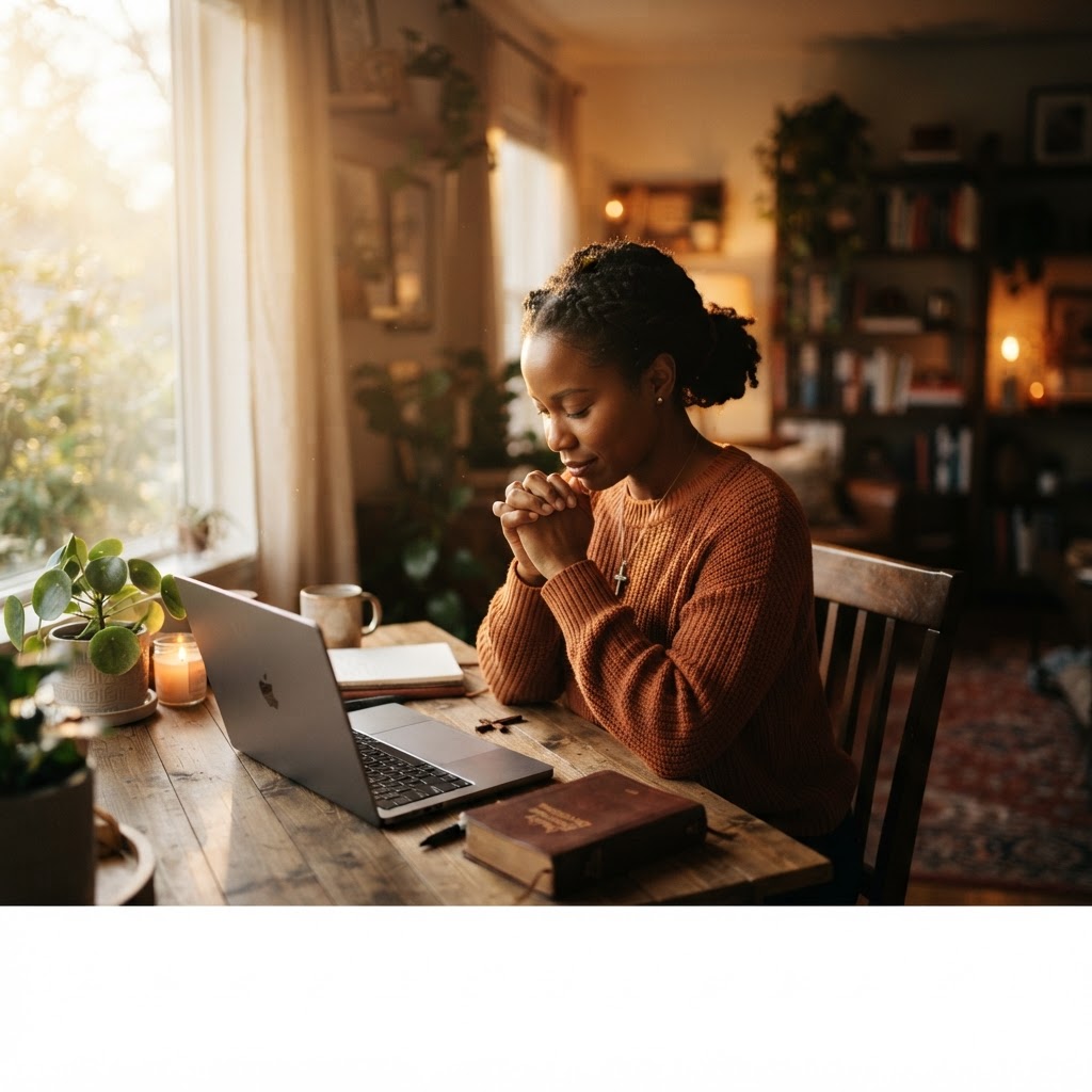 Person praying in front of a computer