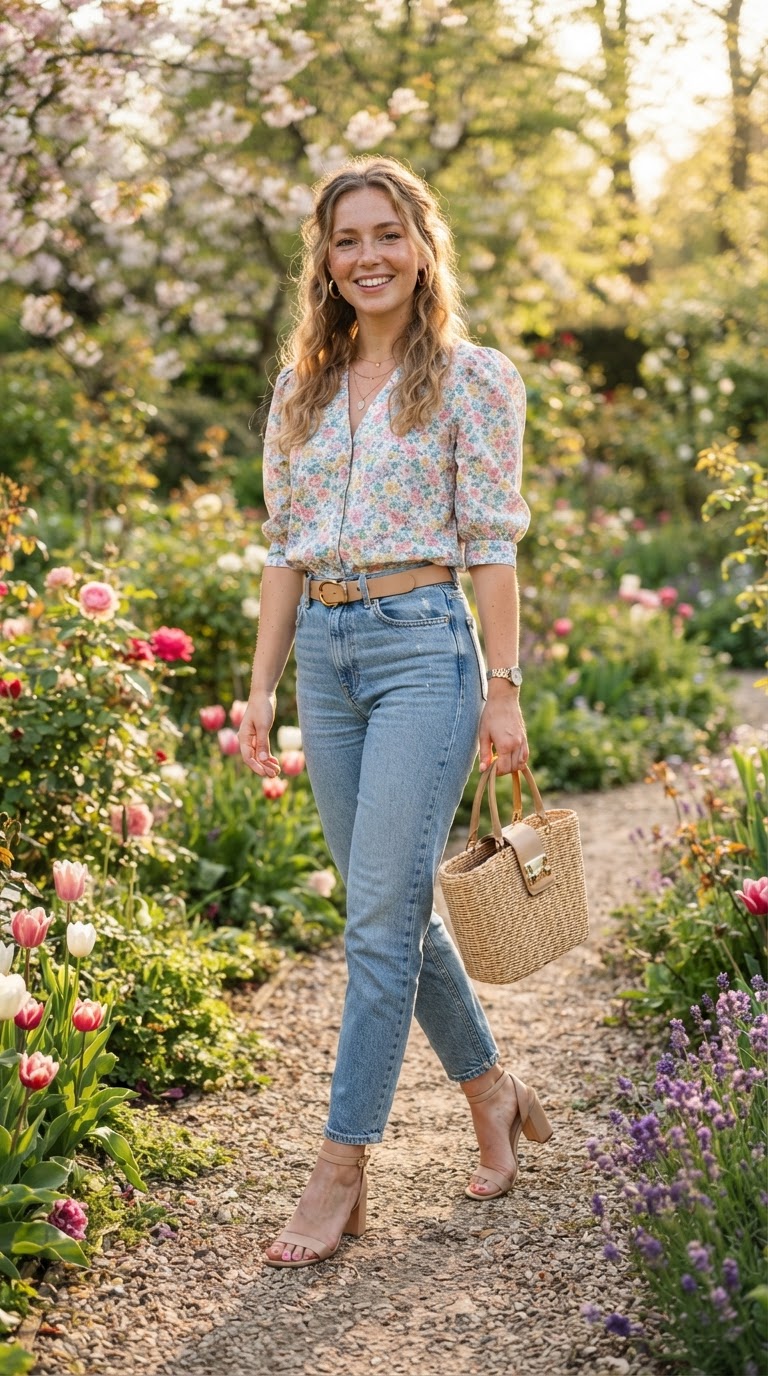 Woman wearing floral blouse with light blue mom jeans spring outfit