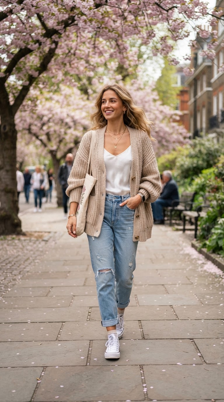 Woman wearing oversized beige cardigan with light blue boyfriend jeans