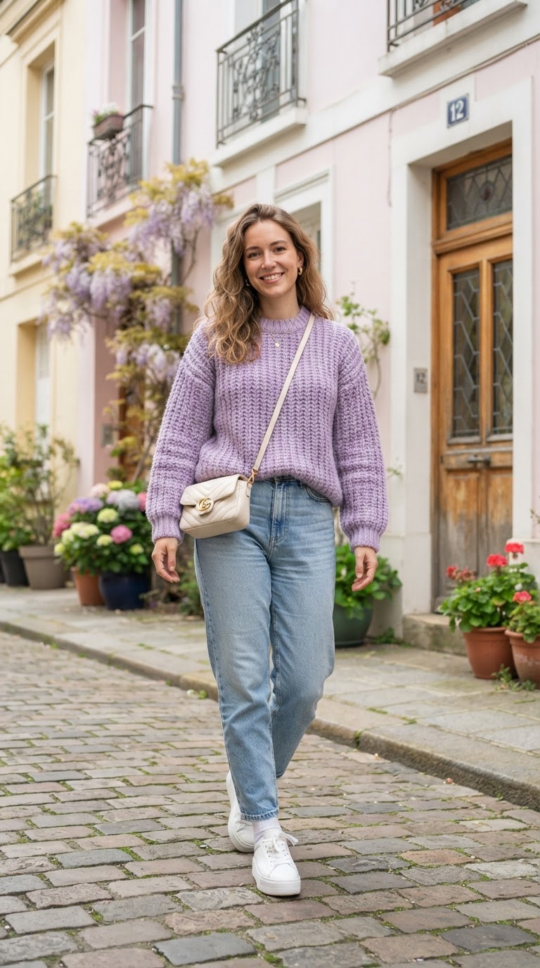 Woman wearing lavender knit sweater with light blue relaxed jeans pastel outfit