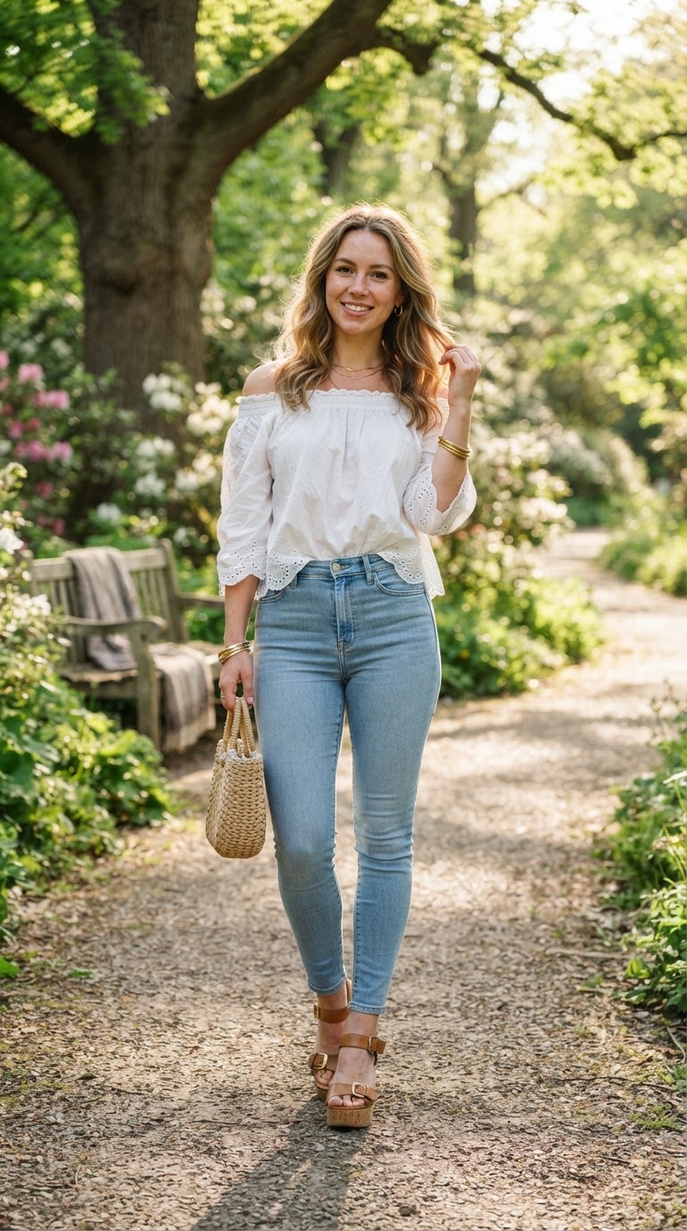 Woman wearing white off-shoulder peasant blouse with light blue skinny jeans romantic spring look
