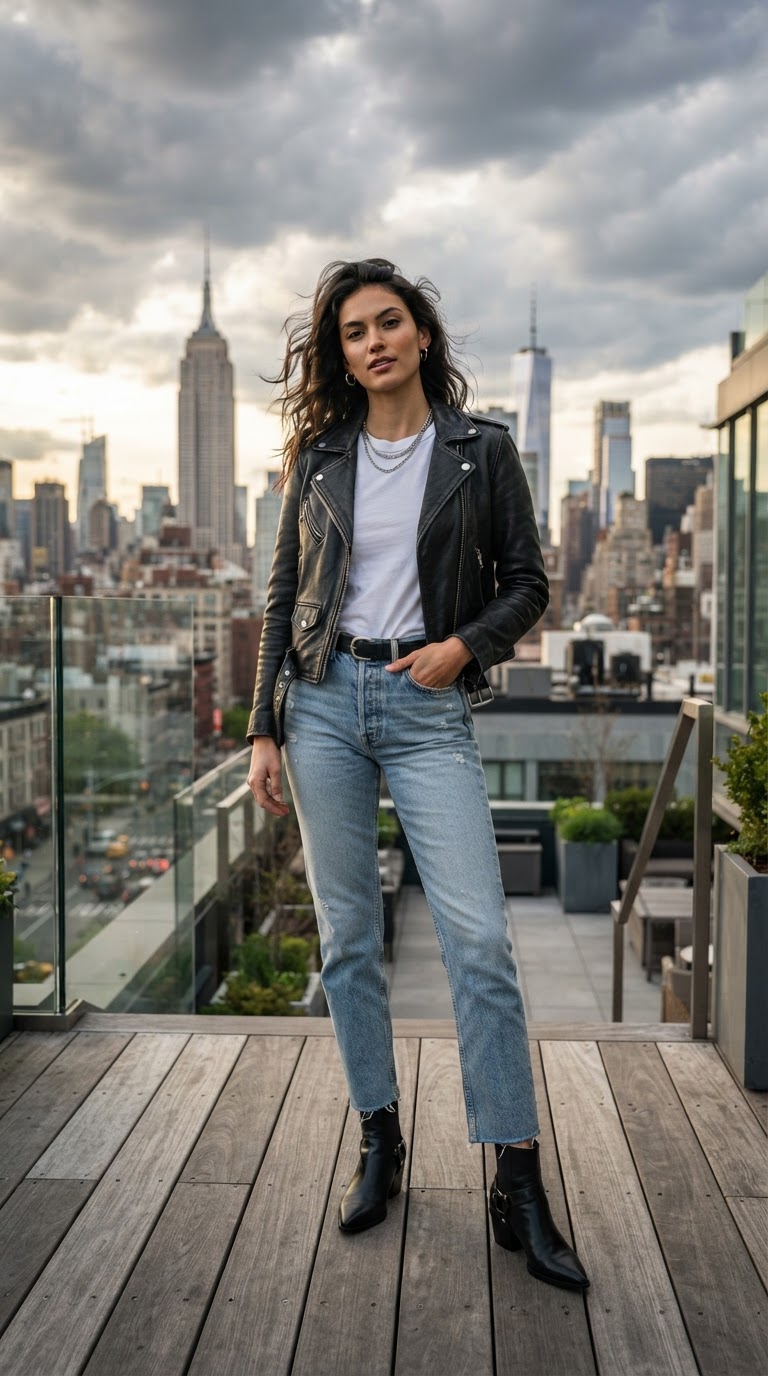 Woman wearing black leather jacket with light blue straight-leg jeans edgy spring look