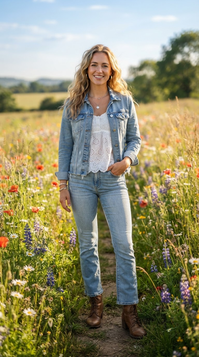 Woman wearing denim jacket with light blue bootcut jeans Canadian tuxedo spring outfit