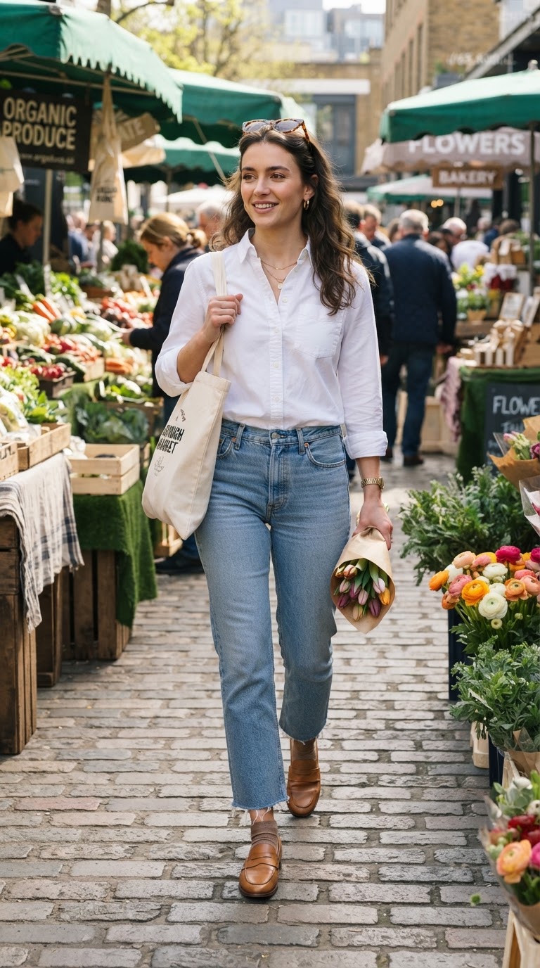 Woman wearing white button-down shirt with light blue cropped jeans casual style