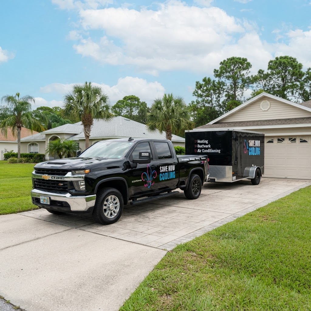Save Now Cooling branded work truck and service trailer