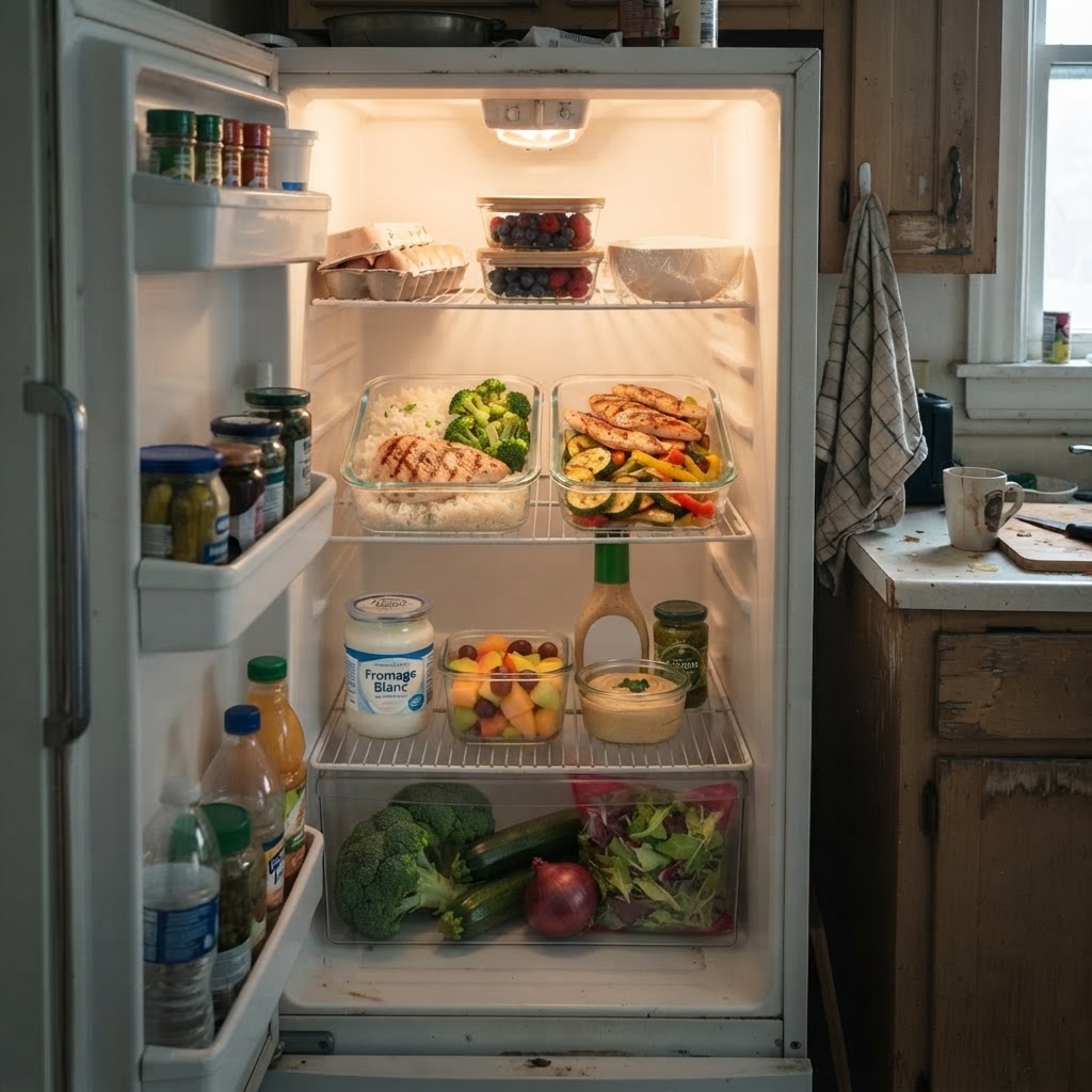Frigo après — rangé et plein de repas sains