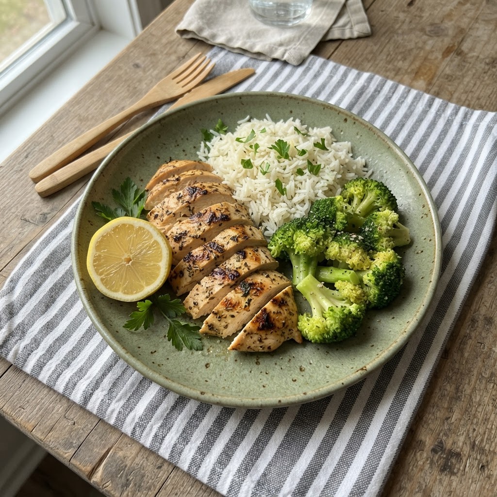 Assiette de poulet, riz et brocoli scannée