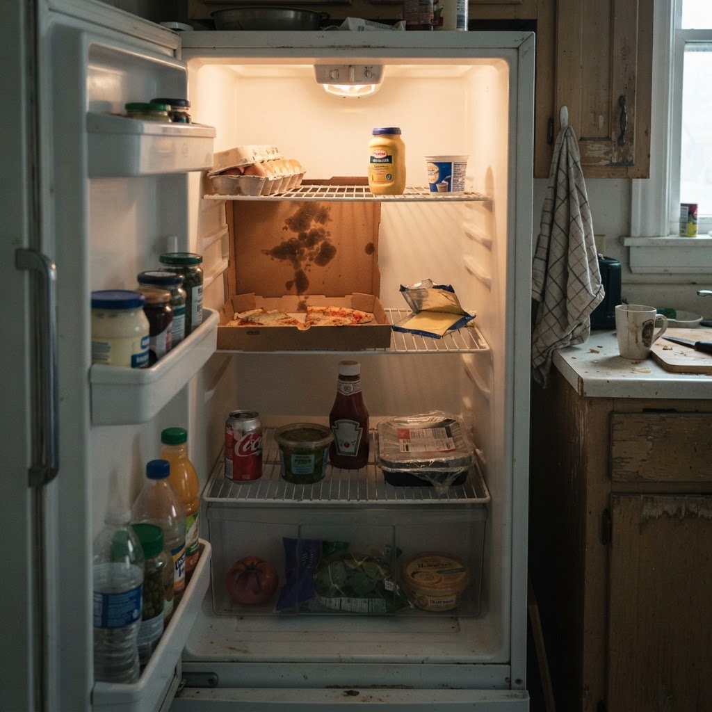 Frigo avant — vide et en désordre