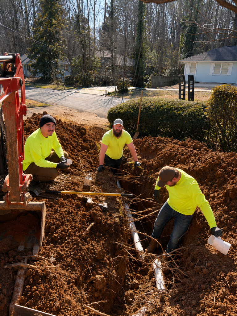 Lion Guard Plumbing crew performing underground excavation — sewer line repair with PVC pipe, excavator, and trench on a North Metro Atlanta jobsite