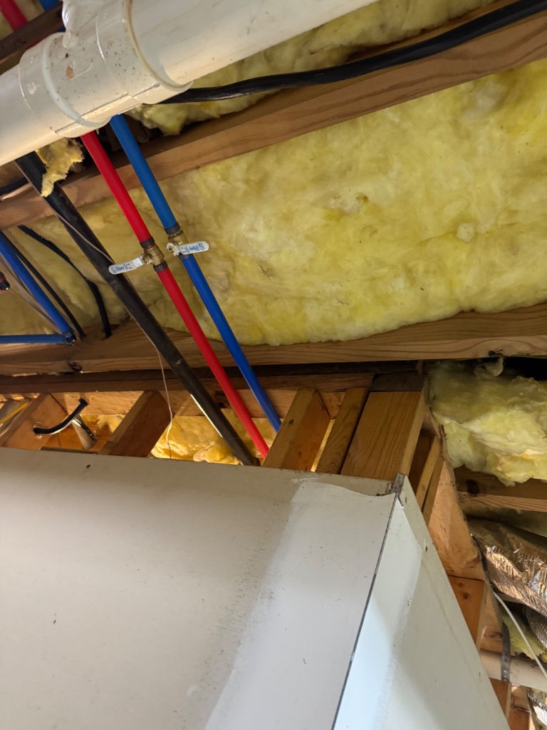 Insulated hot water line alongside cold water line with shut-off valves