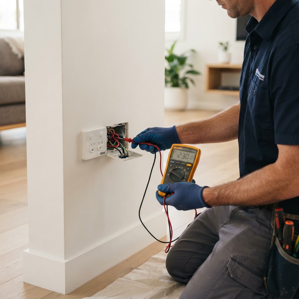 An electrician safely checking a residential power outlet with a multimeter