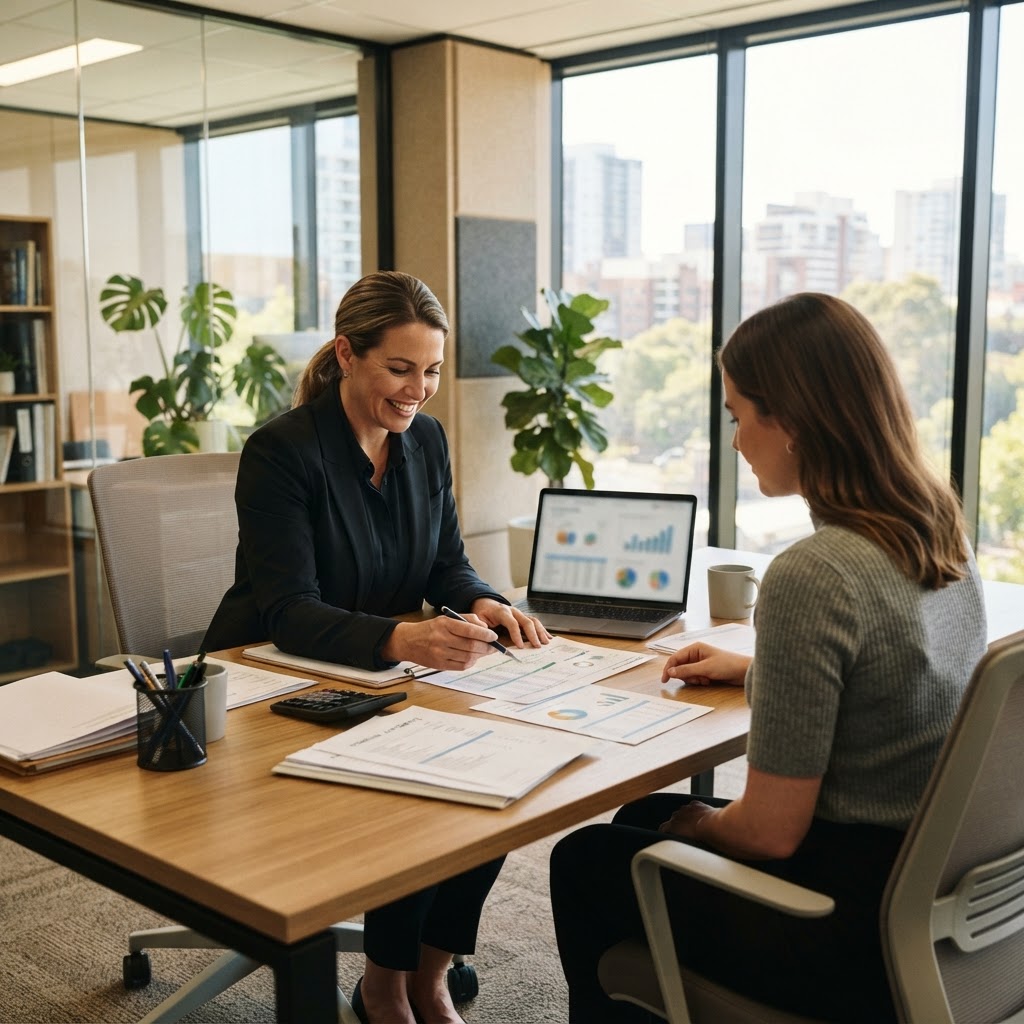 An accountant meeting with a client across a desk with documents and a laptop