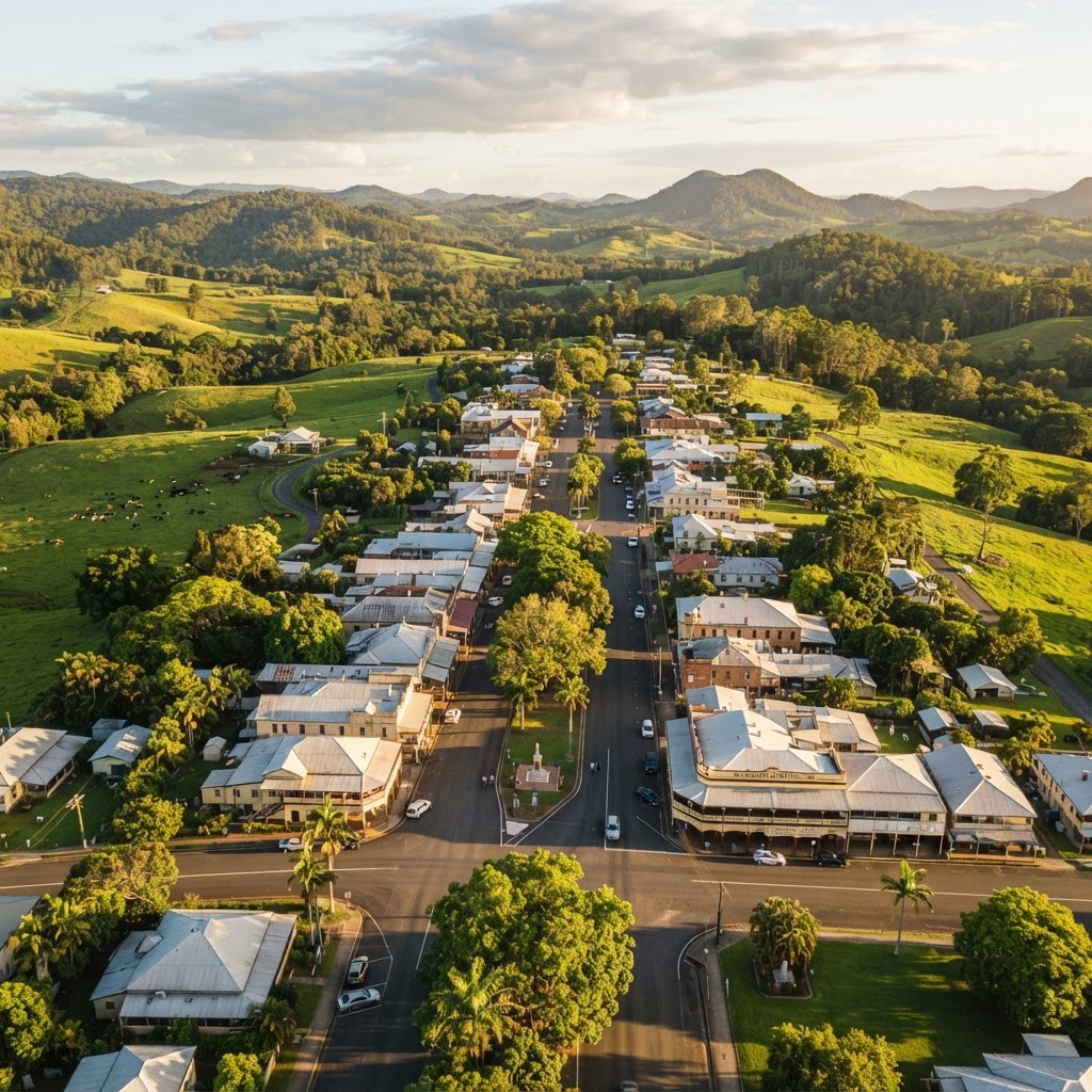 An aerial view of a small Australian country town main street surrounded by green Tablelands farmland