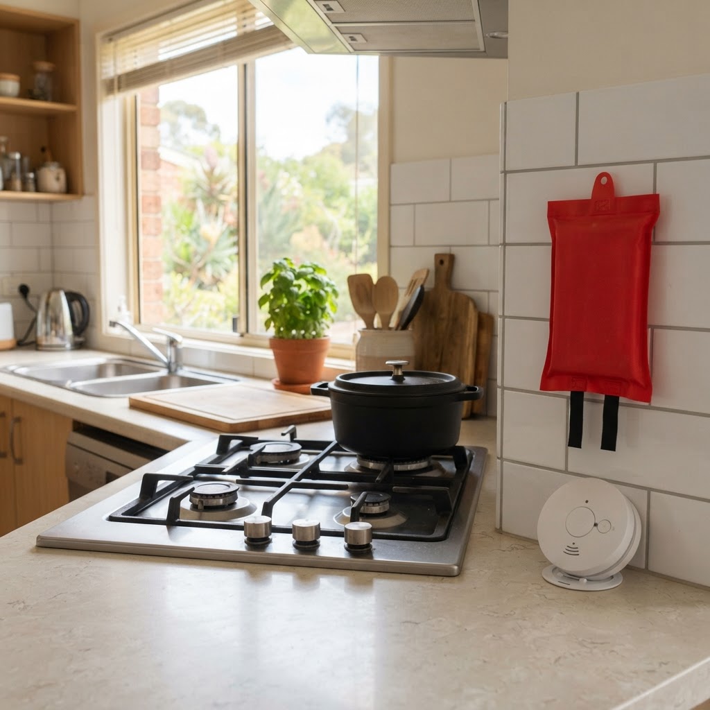 A household fire blanket and smoke alarm on a clean kitchen counter near a stove