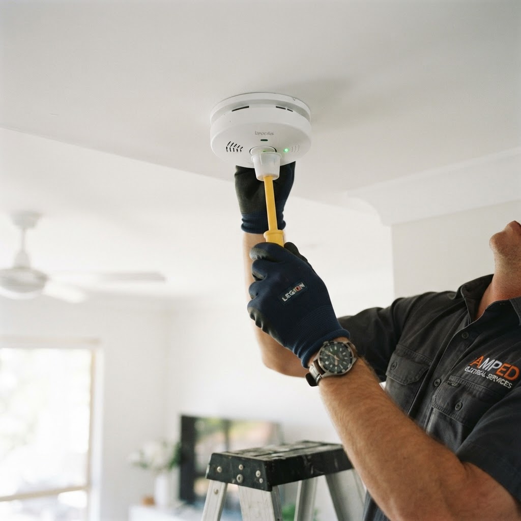 An electrician inspecting a ceiling-mounted smoke alarm in a modern Atherton Tablelands home