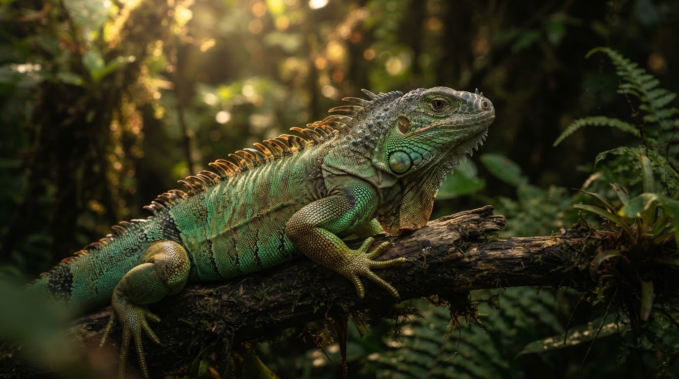 Vibrant green iguana basking in tropical sunlight