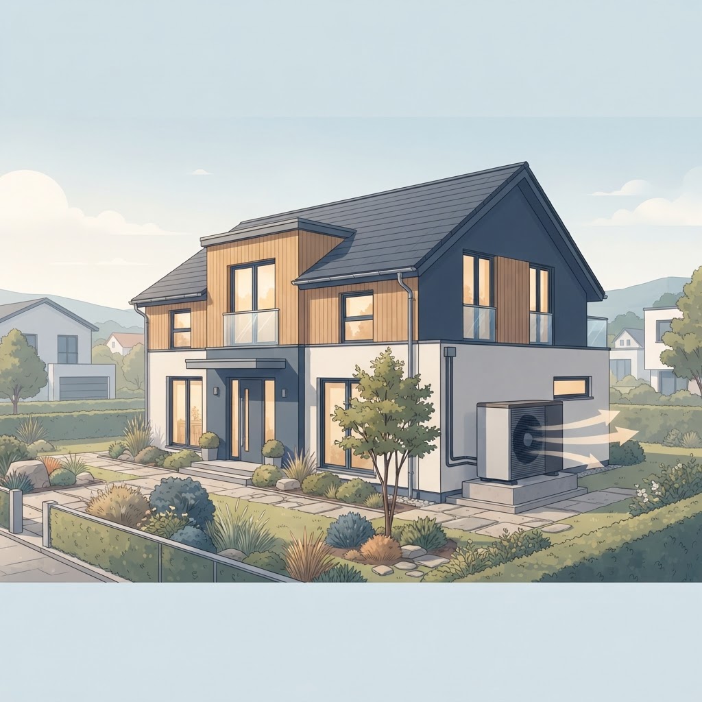Illustration einer Wärmepumpe an einem Wohnhaus