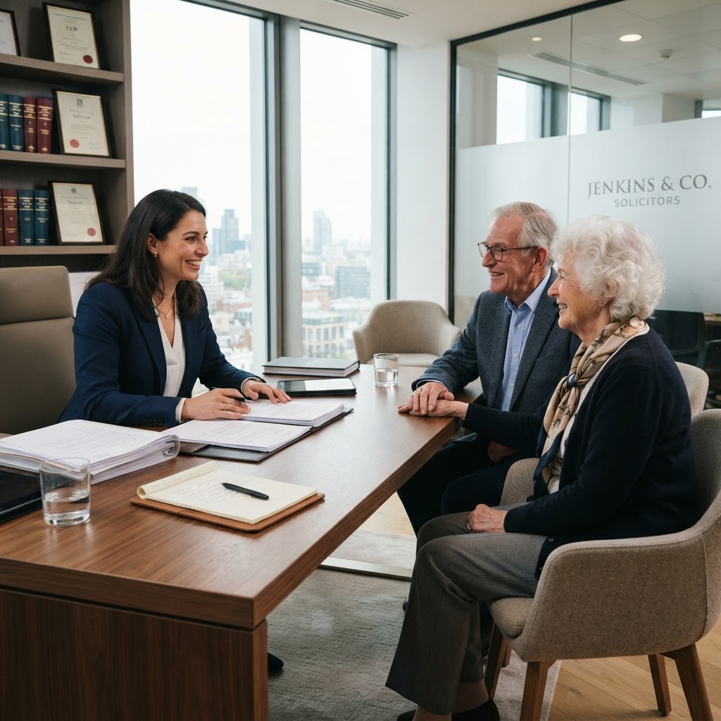 Professional female solicitor meeting with an elderly couple at a desk