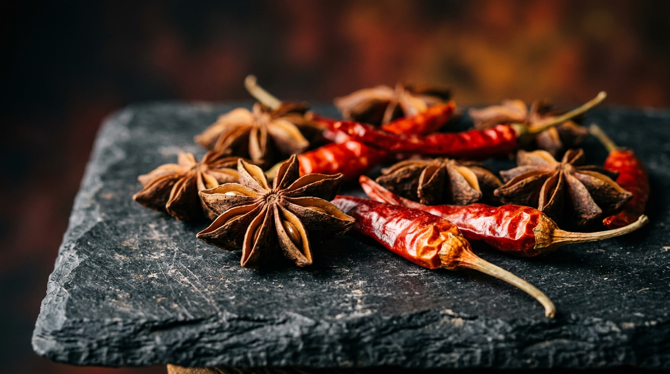 Star anise and red chilies on stone