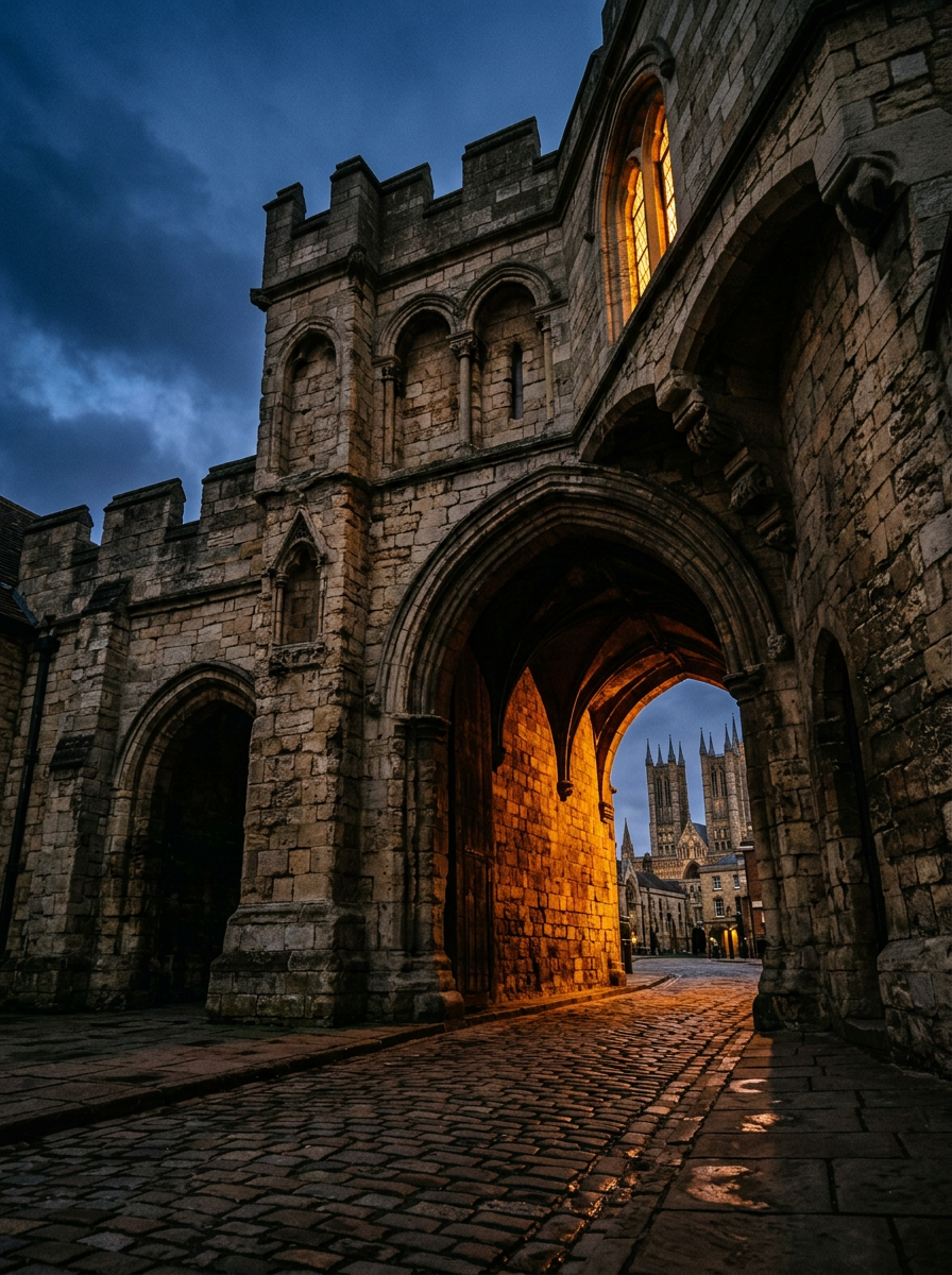 Historic Lincoln archway at twilight