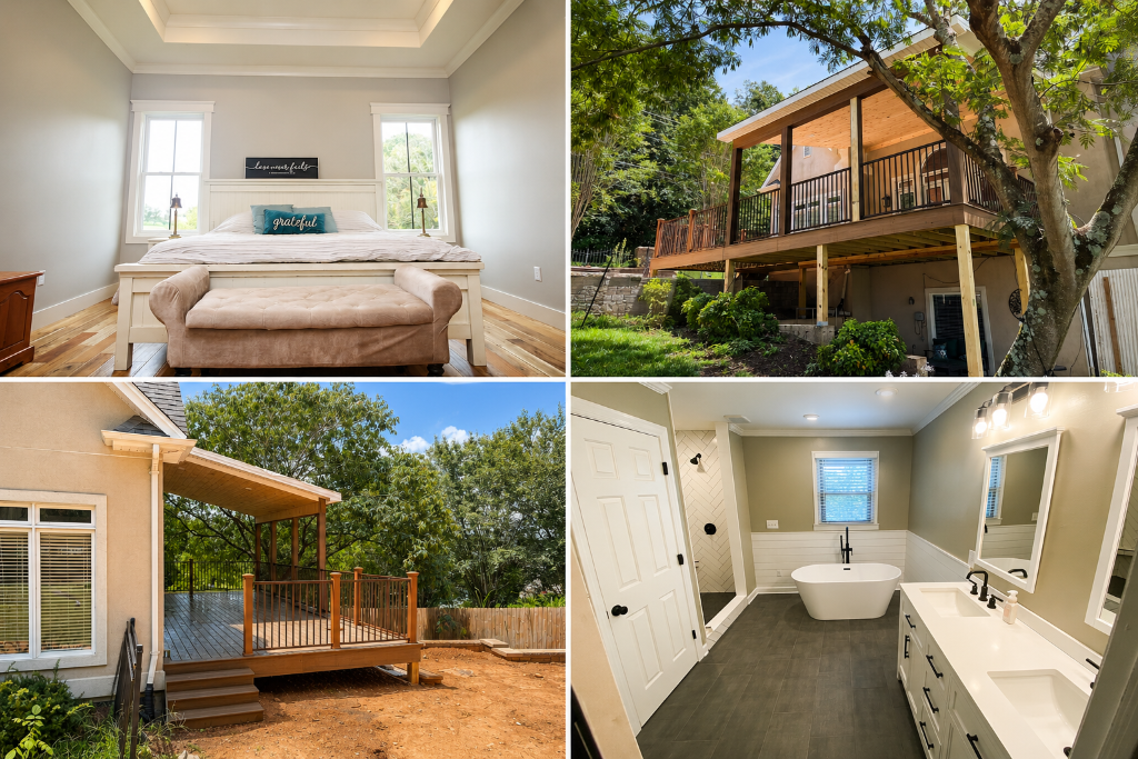 Collage of Newland Construction projects: bedroom interior, custom covered deck, exterior patio stairs, and master bathroom renovation
