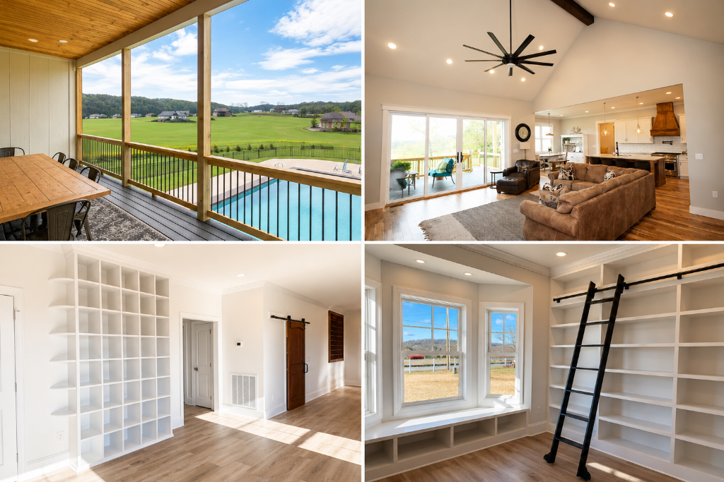 Collage of custom home interior and exterior: covered porch with pool view, vaulted living room, built-in shelving, and library reading nook