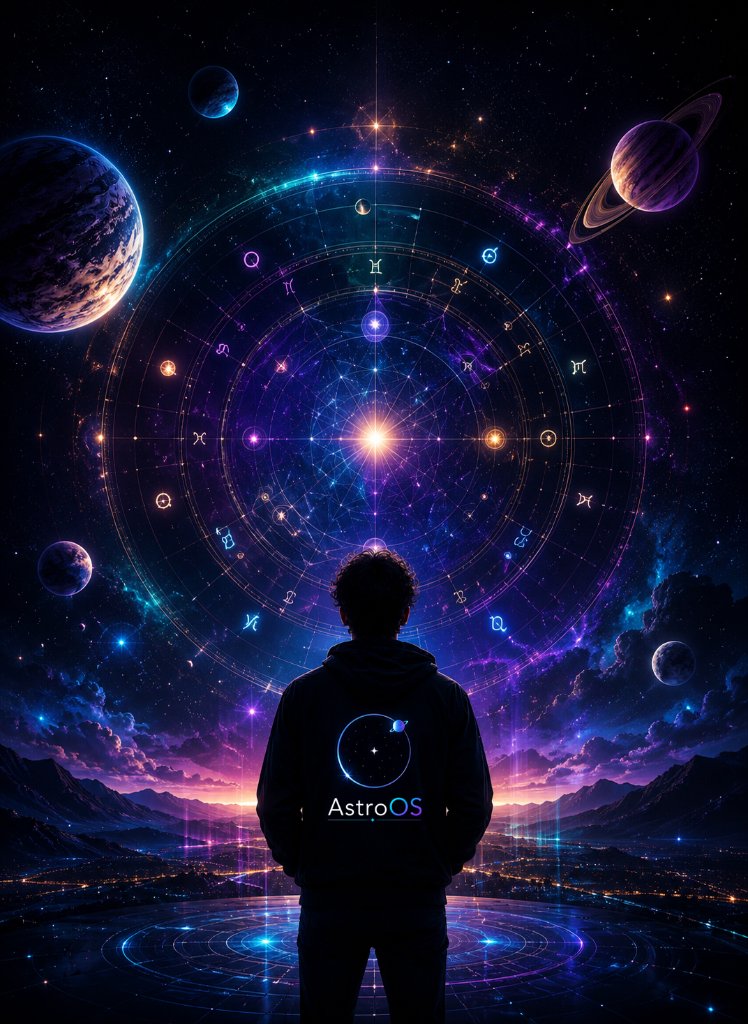A person stands before an enormous cosmic astrological chart, representing the scale and ambition of AstroOS — a Personal Operating System for Life