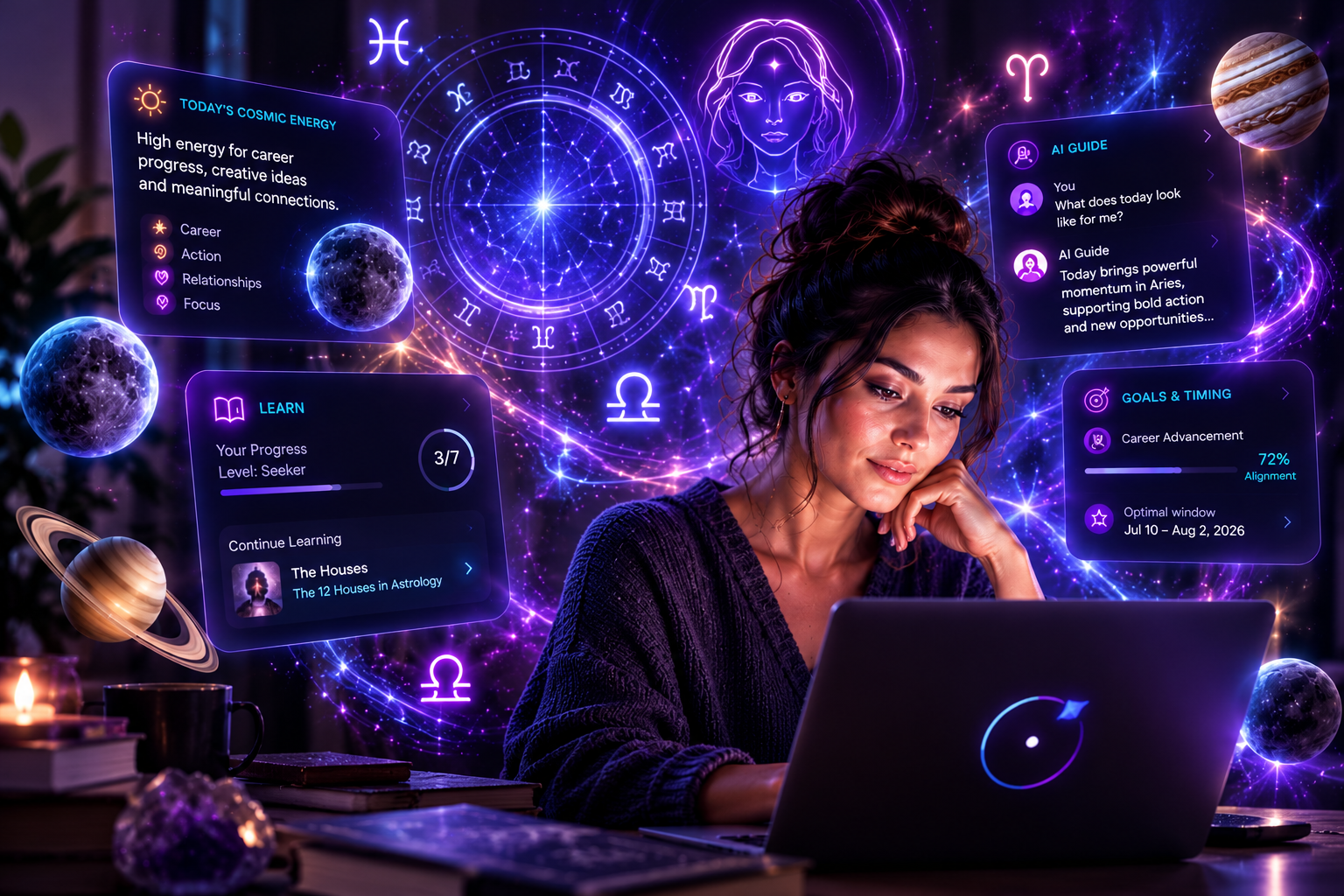 AstroOS cosmic illustration — a woman exploring her natal chart, transits, and AI guide in a glowing nebula of violet and electric blue