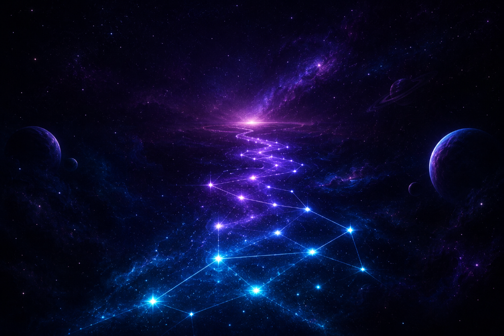 A glowing pathway of connected constellations leading into the future