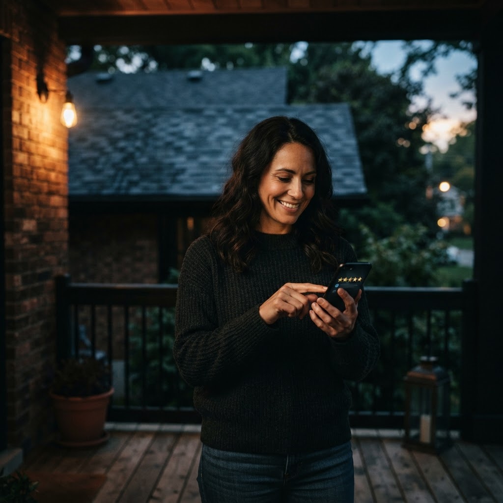 A homeowner on a front porch at golden hour tapping a five-star rating on a phone, a finished roof softly blurred behind