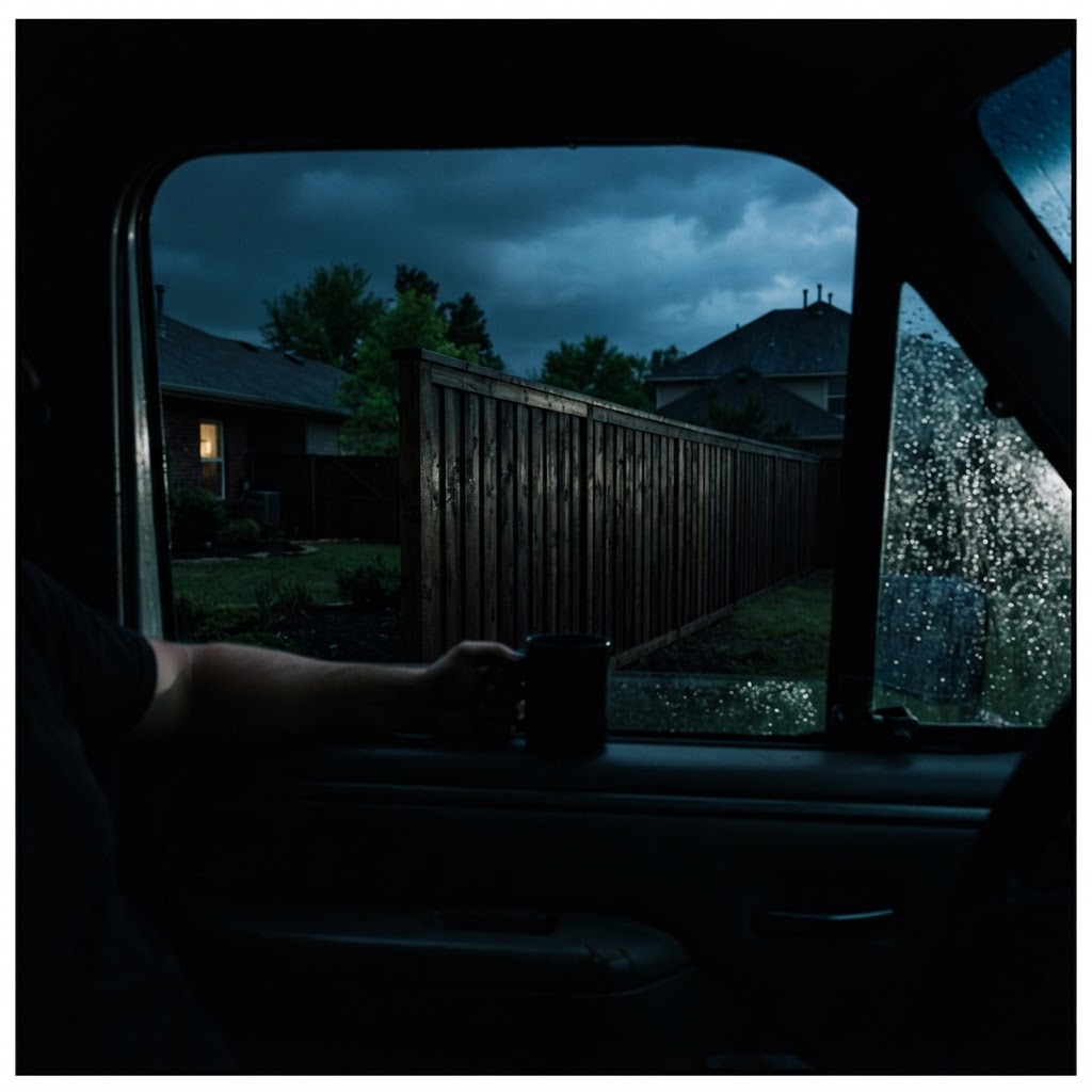 A newly built wooden fence in a suburban yard at dusk, seen through the window of a work truck