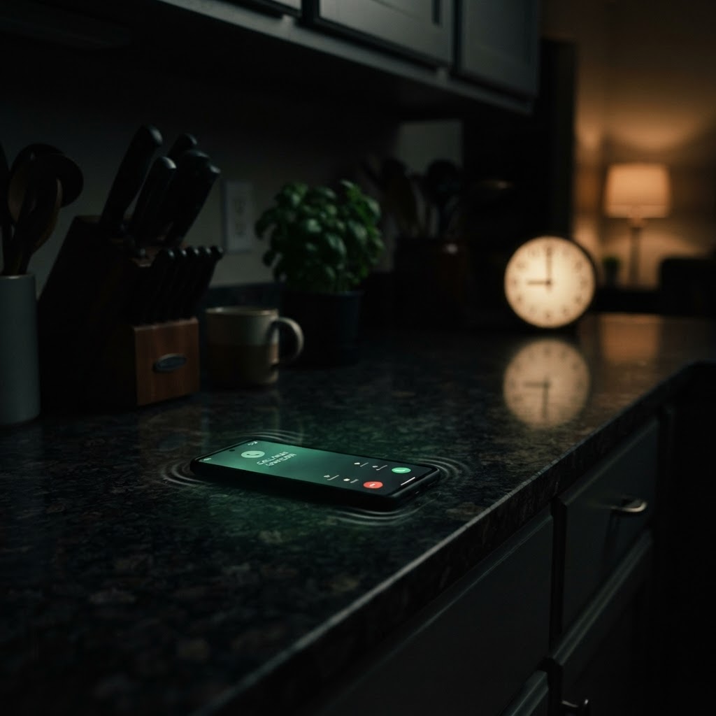 A smartphone ringing on a dim kitchen counter late at night, its screen casting a soft green glow