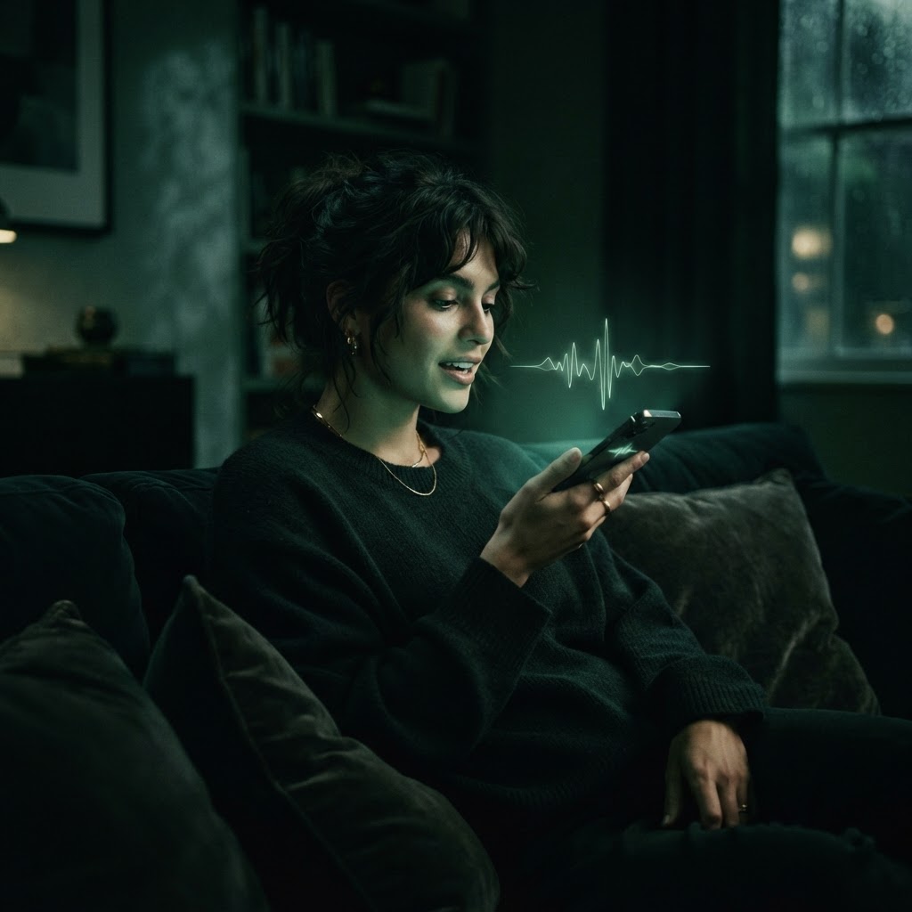 A woman on a sofa at night speaking into her phone, a soft glowing voice waveform rising from the screen