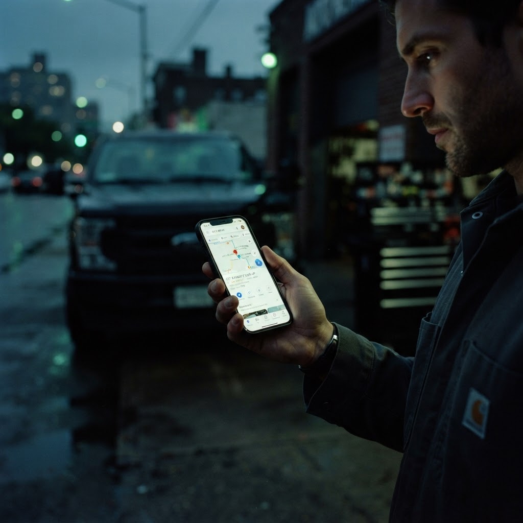 A hand holding a smartphone at dusk, screen glowing with a local business search, a work truck blurred in the background