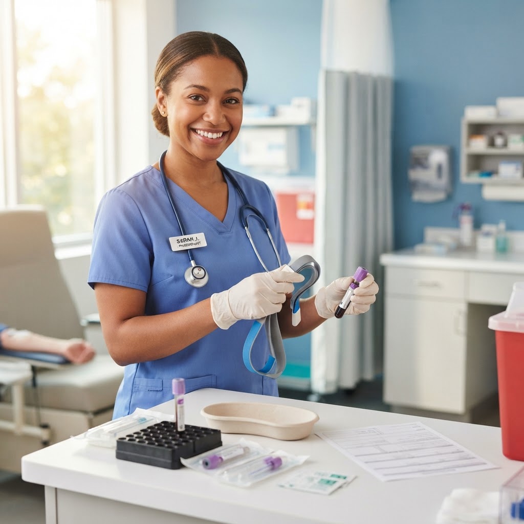 Certified phlebotomist preparing a blood draw